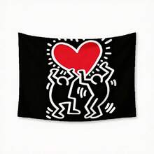 1pc Bedroom Decor Keith Haring Heart Love Figures Black Background Tapestry, Decorative Wall Hanging Tapestry For Bedroom, Lotus Spiritual Tapestry, Beach Mat, College Dorm Home Decor Hanging Cloth Gifts Birthday Graduation - 1PC - 查看 1