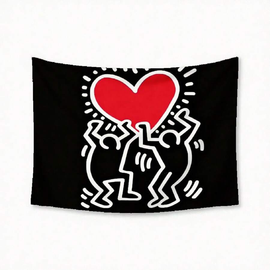 1pc Bedroom Decor Keith Haring Heart Love Figures Black Background Tapestry, Decorative Wall Hanging Tapestry For Bedroom, Lotus Spiritual Tapestry, Beach Mat, College Dorm Home Decor Hanging Cloth Gifts Birthday Graduation - 1PC - 查看 1