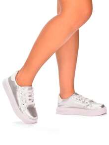 Tenis Casual Prata Feminino com Recortes Sneaker Macio Lançamento Original - Prata - Visão 2
