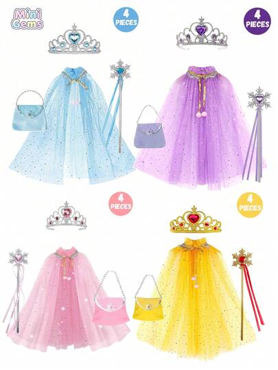 5件/4件/3件套公主皇冠、魔法棒、公主手套、冰雪奇缘主题包包、披风套装，适合小女孩装扮、角色扮演、节日派对服装配饰，是送给女孩的理想礼物。