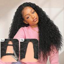 22 Inch Curly V-Shaped Clip-In Half Wig, Burmese Curl Synthetic Hair, No Glue No Trace, Fluffy & Natural Looking - Black - View 7