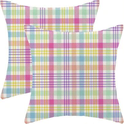 2PCS Plaid Easter Pillowcase - Pink, Yellow, Blue, And Green Buffalo Plaid Pillowcase, Colorful Spring Country Style Decorative Cushion Cover, Suitable For Sofa Bed Or Sofa, Single-Sided, Pillow Insert Not Included