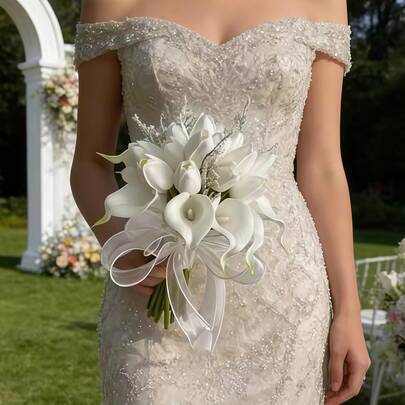 1束白色婚礼新娘送礼会婚礼鲜花，仿真触感马蹄莲郁金香婚礼花束，适合新娘伴娘、婚礼派对用品、房间装饰、毕业礼物、夏季礼物、开斋节装饰