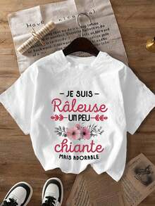 Camiseta de manga corta de talla grande con estampado floral y eslogan, casual de verano - Blanco - Ver 1