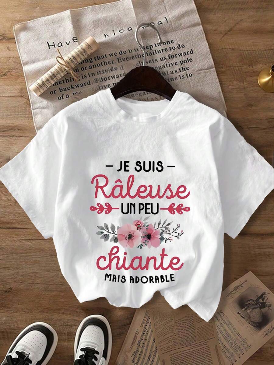 Camiseta de manga corta de talla grande con estampado floral y eslogan, casual de verano - Blanco - Ver 1