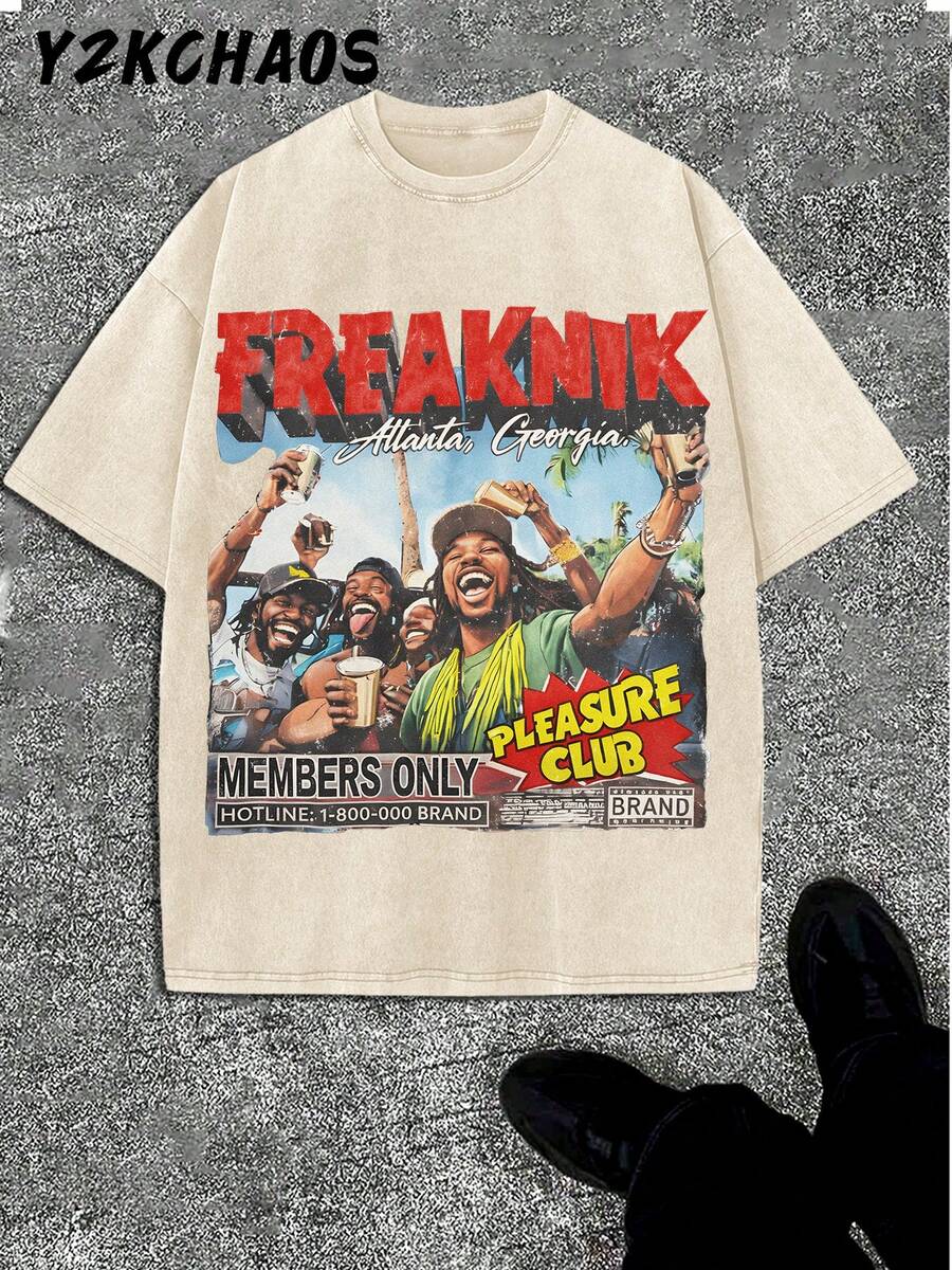 Y2KCHAOS Streetwear Style Hip Hop Inspired Graphic Print Men's T-Shirt Featuring Freaknik Atlanta Georgia Pleasure Club Design For Urban Fashion Lovers Vintage Style 250 Washed Cotton T-Shirt Men's T-Shirt - 杏色 - 查看 1