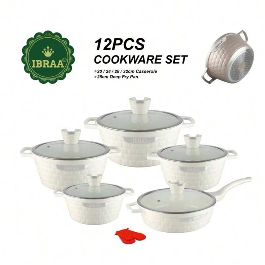 IBRAA Non Stick Aluminium Cooking Pots Set Induction With Lids Handles Deep Fry Pan Oven - Cream - View 1