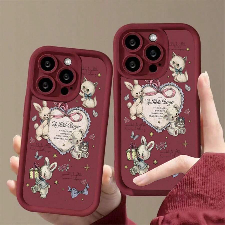 复古爱心卡通兔子、猫和熊毛绒玩具图案手机壳,适用于 17 Pro Max、16、15、14 Pro Max、13、12、11、XS Max、X、XR、16E、16 Plus、17 Air,防震保护套 - 酒紅色 - 查看 1