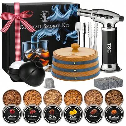 Cocktail R Kit With Torch For Old Fashioned - Barrel-Style Whiskey R, 6 Wood Chips, Ice Sphere Mold, 6 Whiskey Stones, 2 Ash Filters, Brush, Spoon & Ice Tong (NO Butane)