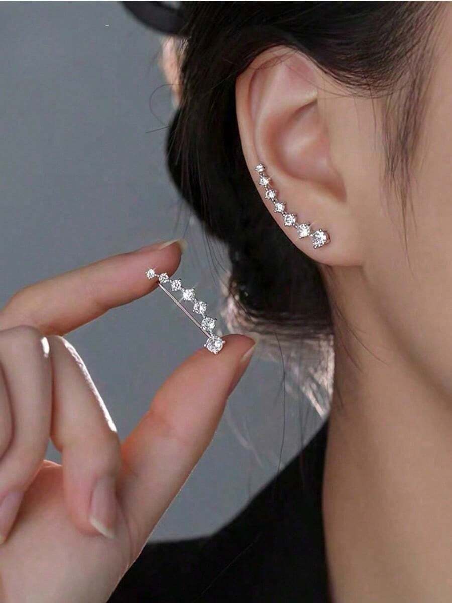 2pcs Elegant Sophisticated Cubic Zirconia Minimalist Luxury Stud Earrings, Suitable As Gift For Women Formal Occasions.Sparkling Crystal Jewelry Perfect Gift For Formal Occasions, Wedding, Cocktail Party & Office Event,  2025 Fashion Accessory With Timeless Charm To Elevate Any Outfit - 銀色 - 查看 1