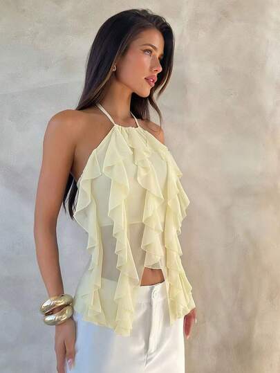 Women's New Spaghetti Strap Top, Chiffon Fabric Anti-Exposure Lining, Elegant Camisole Blouse For Women, Suitable For Stage, Concert, Outing, Party, Music Festival, Vacation, Casual Wear