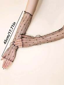 1 Pair Lace Gloves With Wavy Dots And Golden Line Decor, Suitable For Women, Fit For Daily Decoration, Party, Halloween And Wedding - Black - View 6