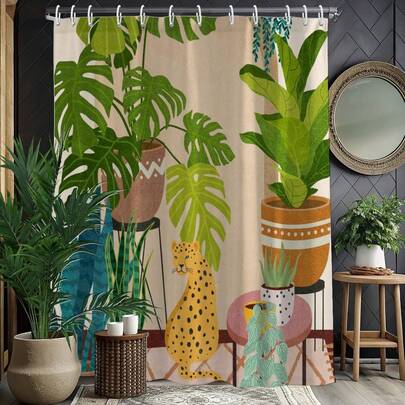 1pc Plant Leopard Shower Curtain, Tropical Plant Leopard Printed Shower Curtain, Suitable For Various Room Decoration Partitions, Universal Bathroom Decoration Shower Curtain, Bathtub Curtain