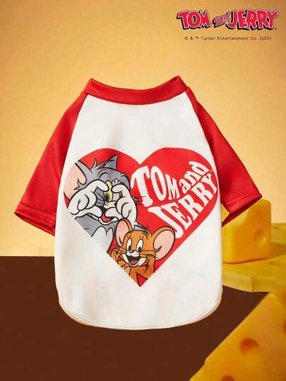 TOM & JERRY X PETSIN 1 pieza Camiseta elástica y cómoda para perros con estampado de gato y perro de moda en rojo y blanco con diseño de amor y dibujos animados