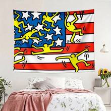 1pc Bedroom Decor Keith Haring American Flag With Yellow Figures Tapestry, Decorative Wall Hanging Tapestry For Bedroom, Lotus Spiritual Tapestry, Beach Mat, College Dorm Home Decor Hanging Cloth Gifts Birthday Graduation - 1PC - 查看 1
