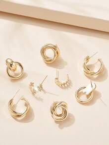4对简约金属多元素耳钉套装 - 金色 - 查看 3