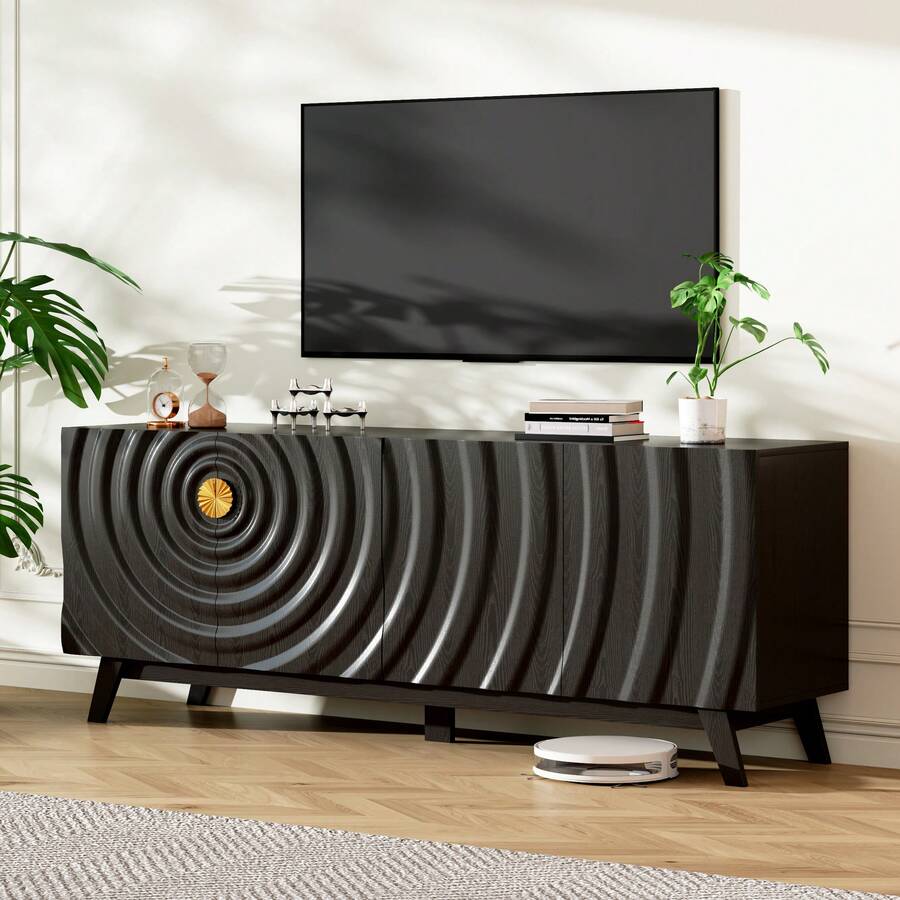 HNEBC TV Stand With 2 Storage Cabinet For Living Room, Large Entertainment Center With Wave-Patterned Design, Console Table With Ajustable Shelf For 55"-75" TV For Furniture Set - 黑色 - 查看 1