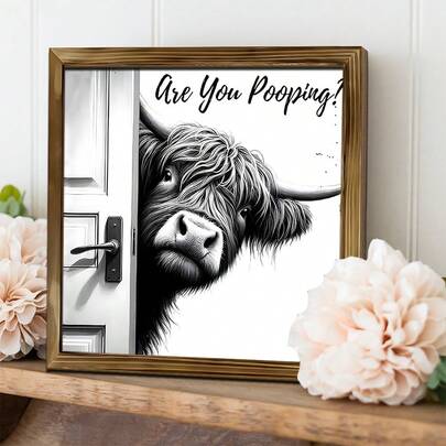 1/2pcs Interesting Wooden Decorative Painting With Highland Cow And Rabbit Pattern, Suitable For Decorating Bathroom, Bedroom And Living Room. Can Be Placed Or Hung Up, A Fun Gift For Friends.