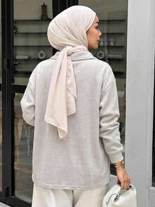 Livesso Pattern Printed Half-Zipper Leisure Sweatshirt,Ladies Spring/Fall Casual Embroidery,Patched,Zipper Long Sleeve Collar Regular Fit Regular Light Grey Viscose Drop Shoulder Half Placket Women Hoodies,Long Sleeve Tops - Light Grey - View 5