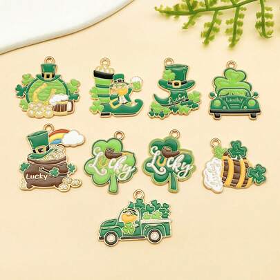 5件套幸运符吊坠套装 | 珐琅绿色锌合金吊坠套装，适用于圣帕特里克节DIY手链、项链、派对和节日配饰