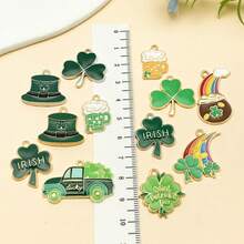 5件套DIY吊坠套装 | 幸运绿色珐琅吊坠，饰有三叶草和小妖精图案，锌合金材质，适用于圣帕特里克节珠宝制作 - 彩色 - 查看 6
