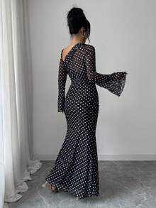 Women's Polka Dot Asymmetric Neck Long Sleeve Elegant Arabic Style Dress - Black - View 2