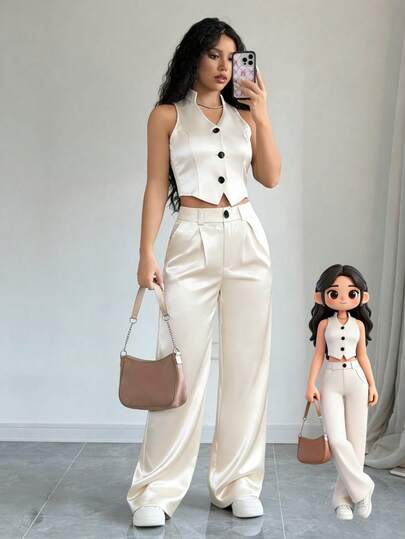 Conjunto de chaleco de blazer sin mangas y pantalones de traje