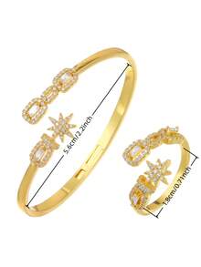 1件/1套 2件装 时尚百搭镶钻闪亮星星开口戒指和手链套装，女士日常/节日/派对配饰，开斋节/宰牲节礼物 - 鋯鑲閃耀矩星星 - 查看 3