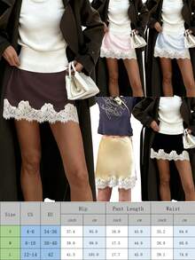 2026 Women Lace Trim Silk Mini Skirt Lacy Satin A Line Half Silp Short Skirt Cute High Waist Underskirt - 香檳色 - 查看 2