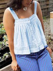Women Y2k Babydoll Cami Tank Top Cute Floral Lace Trim Sleeveless Square Neck Button Front Loose Fit Flowy Camisole Crop Tops Summer Open Back Backless Vest Shirt Casual Going Out Tops Vintage Aesthetic Clothes Beach Vacation Streetwear - 藍色 - 查看 4