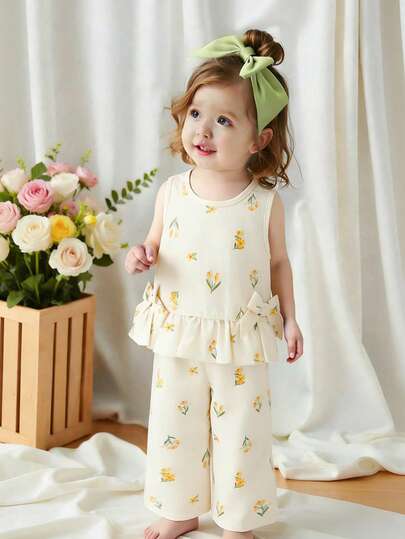 Baby Girls' Pink Floral Chiffon Print Vest Top With 3D Bow And Pants Set, Baby & Toddler Clothing