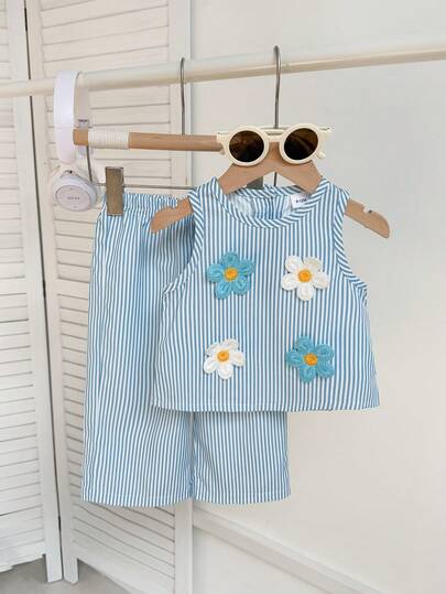 2pcs Baby Girl Summer Elegant, Sweet And Cute Blue & White Striped Sleeveless Top With Colorful Flower Decor, Paired With Matching Blue & White Striped Pants Set, Suitable For Street, School, And Photoshoot Outfits