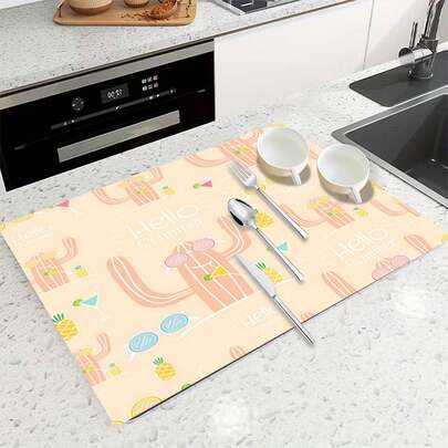 1pc Cactus Holiday Design Multi-Purpose Absorbent Mat, Polyester Waterproof Countertop Protector Pad For Kitchen, Dining Table Decor, Dish Drying, Washing Machine, Coffee Maker, Bathroom Vanity, Kitchen Accessories, Party Supplies