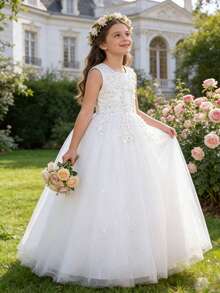 Girls' Lace Princess Dress, Suitable For Wedding, Prom, Beauty Pageant, Evening Party, Graduation, Summer - White - View 2