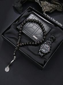 Bộ quà tặng 3 món thời trang nam đa năng gồm ví, đồng hồ và tràng hạt thanh lịch, món quà hoàn hảo cho Ngày của Cha, sinh nhật, kỷ niệm. - màu đen - Xem 1