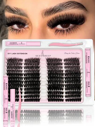 SEXYSHEEP 432片/416片假睫毛套装，DIY睫毛工具套装，40D 60D 80D 100D睫毛簇，个人睫毛套装包含睫毛粘合剂和密封剂、卸妆工具、镊子、睫毛簇套装、假睫毛，适合旅行、日常佩戴（新手友好）、婚礼、约会、派对、节日等场合，也是很棒的圣诞礼物睫毛套装。