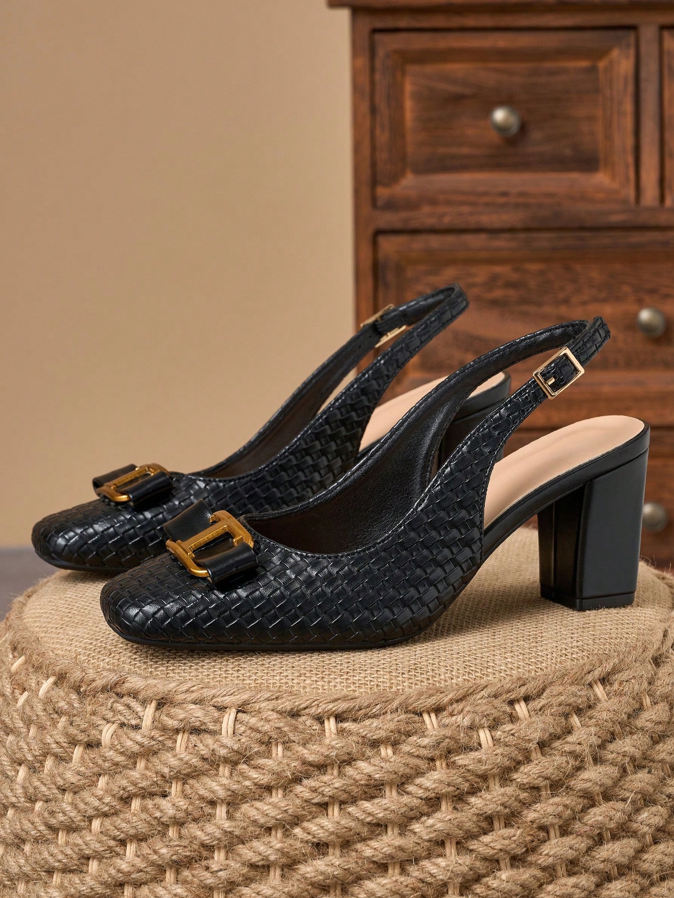 WHDXY صندل ذو كعب سميك مربع الأصبع بنسيج مُنسوج أن...