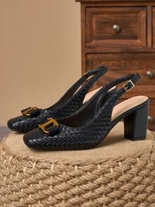 WHDXY Chic Black Woven Texture Square Toe Chunky Heel Sandals, Metal Buckle Backless, Versatile For Daily Commute - Graphite Black - View 2