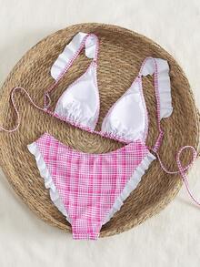 Dwuczęściowy damski komplet bikini w uroczą różową kratkę na letnie wakacje na plaży – regulowane ramiączka, wiązane plecy z wiązaniem, falbaniaste detale, idealny do robienia zdjęć - Wielokolorowe - Zobacz 4