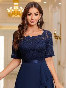 MIUSOL Floral Lace Patchwork Ruffle Hem Cocktail Party Dress Wedding Spring - Navy Blue - View 11