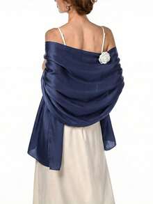 1 chiếc khăn choàng cổ nữ bằng satin trơn màu cổ điển, khăn choàng mùa thu thường ngày chống nắng, thích hợp sử dụng hàng ngày. - màu xanh hải quân - Xem 3