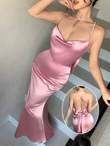 abyoxi 女士粉色缎面吊带垂领露背交叉系带大蝴蝶结装饰修身鱼尾长裙，优雅复古，性感青春，适合派对、浪漫约会、正式晚宴、生日、婚礼等场合，春夏修身美人鱼长裙 - 豆沙色 - 查看 3