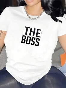 1pcs Women's  100% Pure Cotton Slim Fit Short Sleeve T-Shirt Black And White Color Block "THE BOSS" Print Suitable For Workplace Commuting, Boss Identity Display, Girlfriends Gathering American Style Professional Versatile Top - 白色 - 查看 10