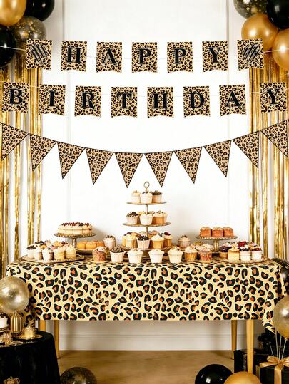 Leopard Print Party Supplies, Leopard Print Happy Birthday Banner, Leopard Print Tablecloth, Suitable For Wild Party, Birthday Party Decor, Bachelorette Party, Housewarming Party, Indoor And Outdoor Decorations