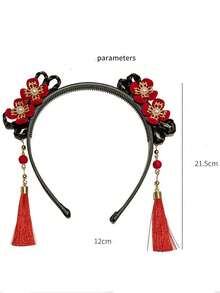 1件复古风发箍新年红色发箍假发辫花流苏发夹女孩发饰中国风头饰 - 彩色 - 查看 5