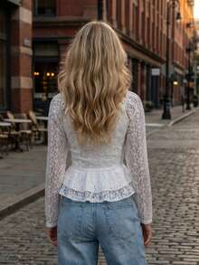 Women Lace Long Sleeve Shirts Floral V Neck Layered Ruffled Going Out Tops  Fall Streetwear - White - View 6