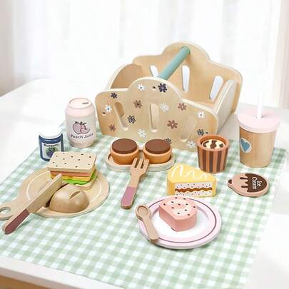 Bộ đồ chơi nhà bếp bằng gỗ mô phỏng cắt bánh mì và bánh ngọt, bộ đồ chơi giáo dục sớm cho trẻ em kèm giỏ, đồ chơi giáo dục.