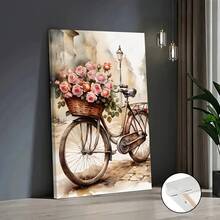1Pc Wooden Frame Wrapped Canvas Painting, Retro Bicycles And Pink Roses, Modern Living Room And Bedroom Wall Decoration, Home And Office Wall Decoration, Perfect Gift And Home Decoration, Wrapped Canvas Painting, 2D Flat - 粉紅色 - 查看 4