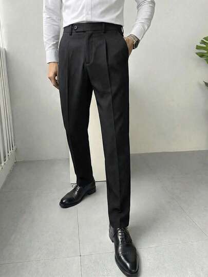 男士黑色西装裤，腰带设计，商务休闲直筒裤