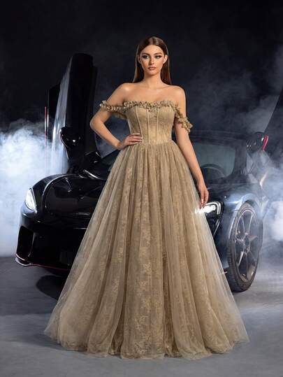 Faeriesty Elegante vestido largo de malla color champán, vestido formal con escote hombros descubiertos con forma de corazón y decoración floral, adecuado para fiestas, bodas, vacaciones, cenas formales de primavera